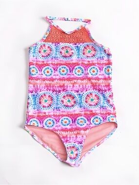 Girls One-Piece Swimsuit Size 7-8 | Halter Crochet Top | Boho l